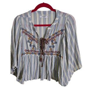 Pull&Bear Bohemian Embroidered Beaded Peasant Top Flowy 1/2 Sleeves Made In Indi